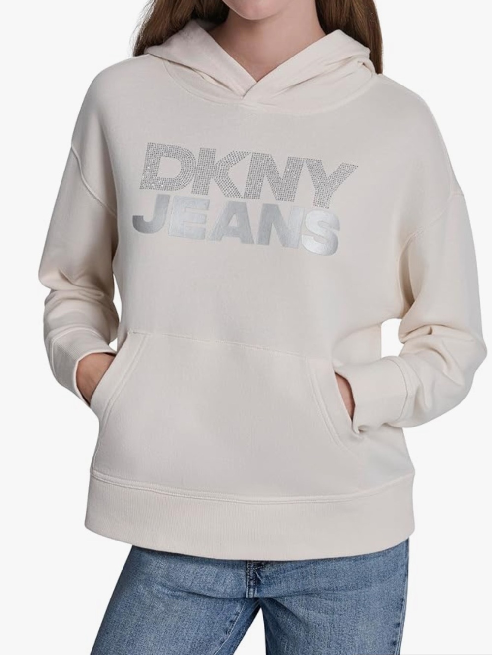 DKNY Cream Hoodie with Silver Stud Logo